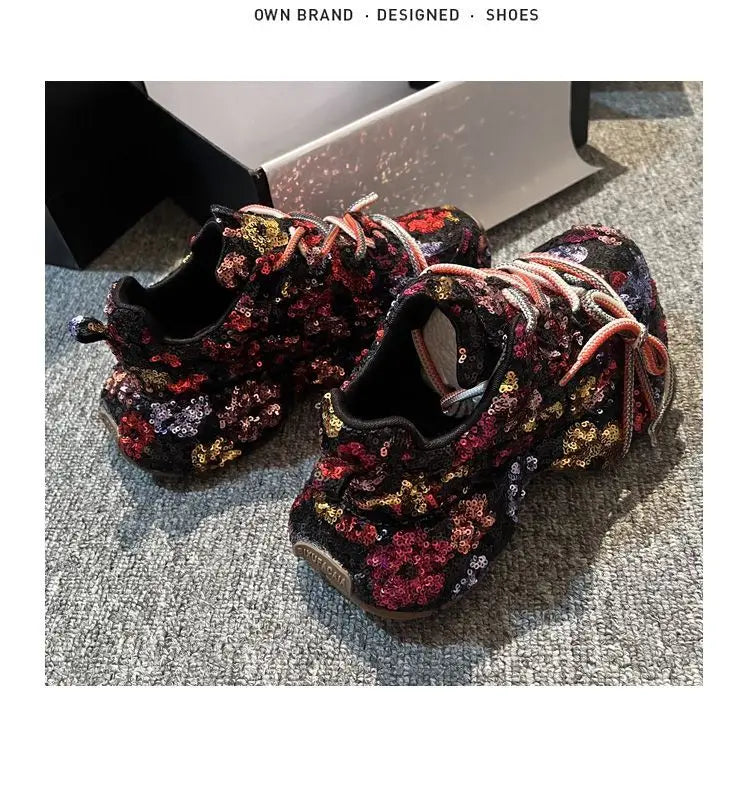 Sparkling Crystal Platform Lace Up Sneakers for Women