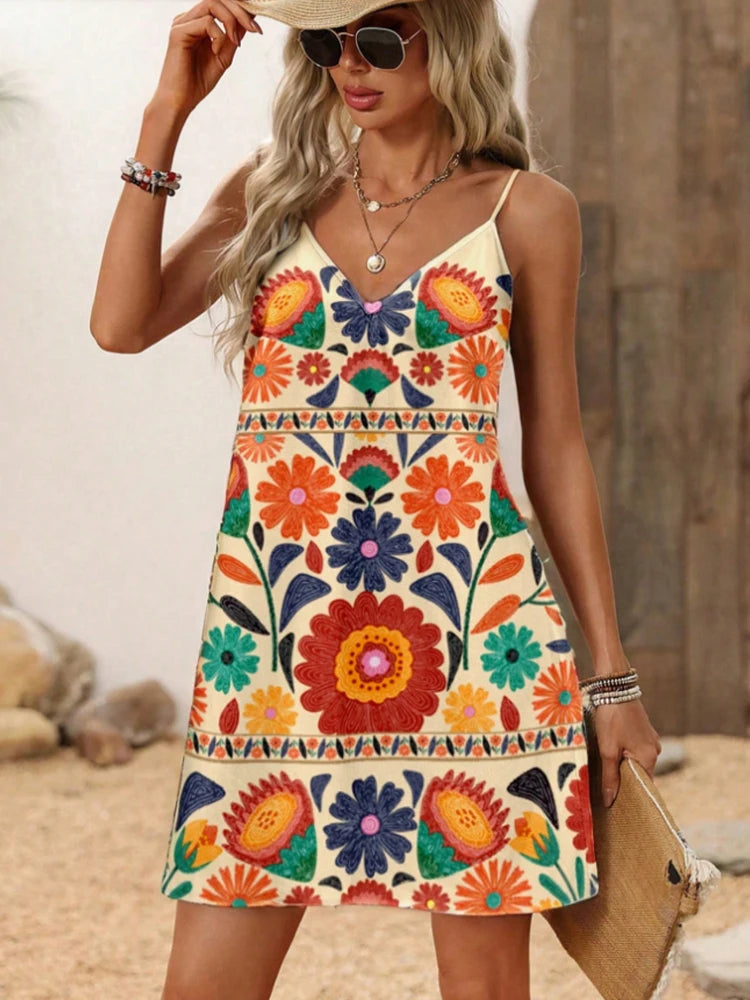 Women's flower print vacation relaxed atmosphere comfortable and breathable V-neck suspender dress
