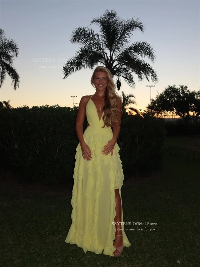 Yellow Ruffle Tiered Deep V Neck Chiffon Evening Dress for Women
