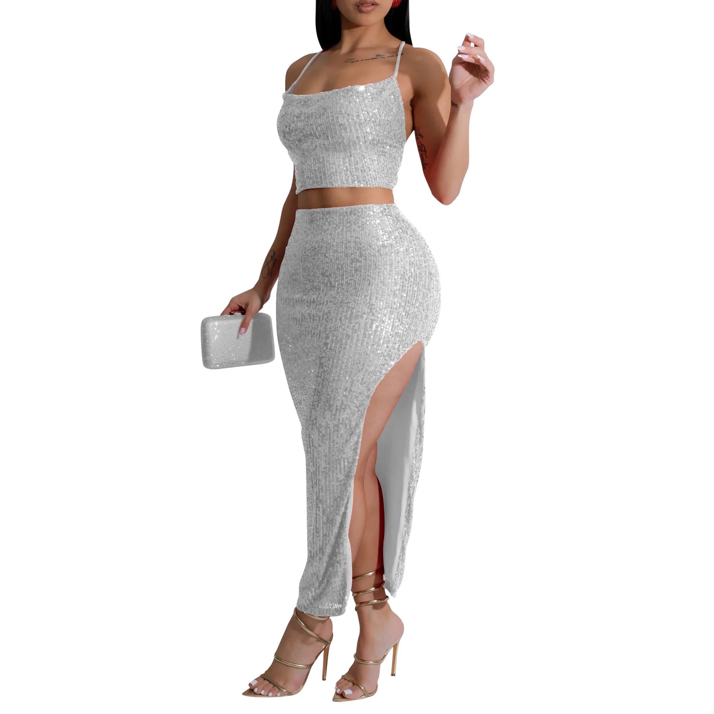 CM.YAYA Women Strapless Sleeveless Sequined Top + Long Skirt Suit 2025 Street Sexy Party Matching Two 2 Piece Dress Sets Outfit