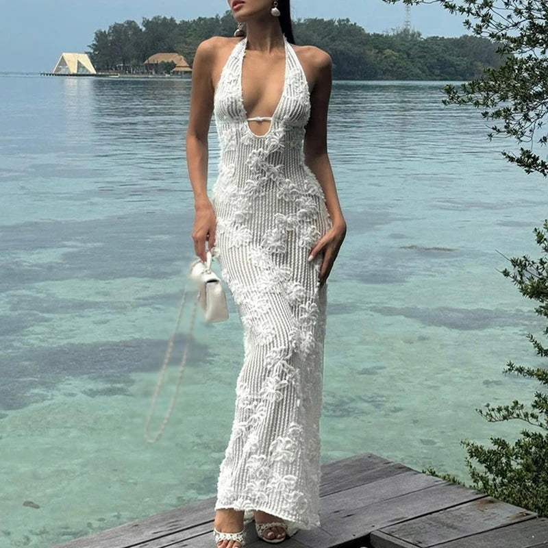 New Sexy Halter Low Cut Jacquard Long Dresses Fashion Summer Backless Knitted Women's Dress Holiday Beach Solid Bikini Cover Up