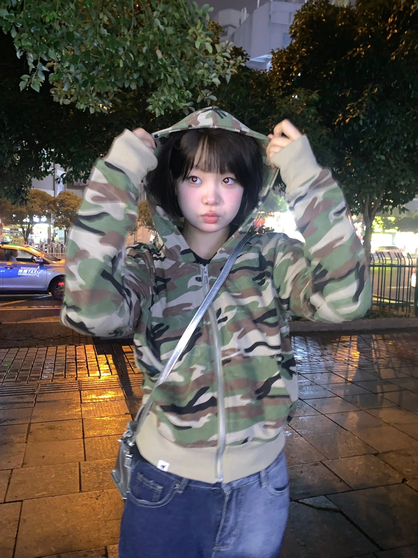 Karrram Japanese Y2k Cropped Jacket Vintage Harajuku Short Coat 2000s Korean Fashion Camouflage Zipper Hooded Sweatshirt Grunge