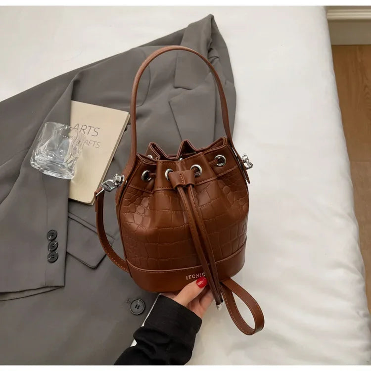 2025 New Trendy Women's Drawstring Tote Bag - Vintage Stone Texture Crossbody Satchel with Retro Minimalist Design