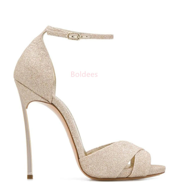 Crystal Glitter Thin Heel Wedding Bridal Ankle Buckle Sandals For Women