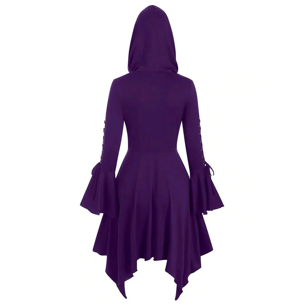 Halloween Women's Gothic Hooded Ruffle Flared Sleeve Lace Up Cloak Cape Tunic Tops Ladies Party Witch Costume Size S-2XL
