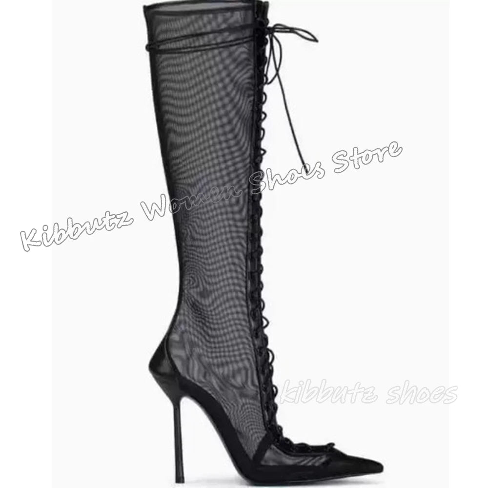 Lace-Up Sandal Ankle Boots Mesh Leather Solid Color Fashion Elegant Luxury Concise Sexy Party Dress Women Shoes New Pointy Heels