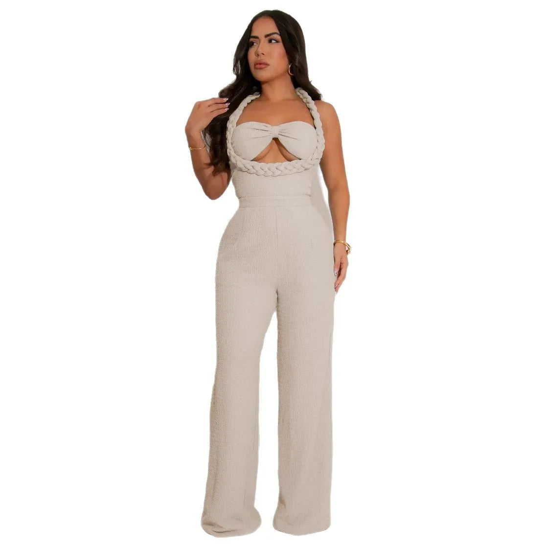 CM.YAYA Women Weave Halter Neck Backless Wide Leg Jumpsuit 2025 Chic Summer Sexy Party Club Night One Piece Suit Playsuit Romper