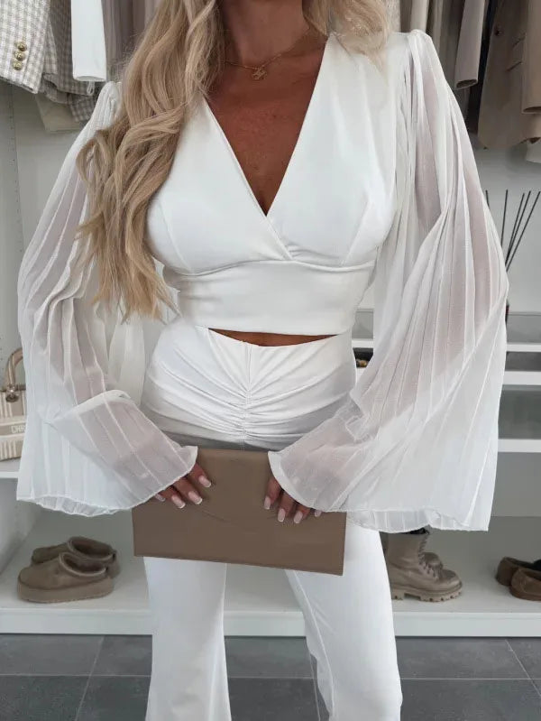 2025 Women's Spring Autumn New Fashionable Waist Collection Sexy V-neck Bag Sleeve Solid Color Wrinkled Long Sleeve Top