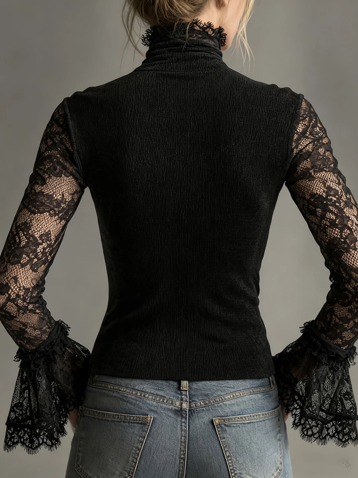 Elegant Turtleneck Sheer Lace Flare Sleeve Blouse for Women