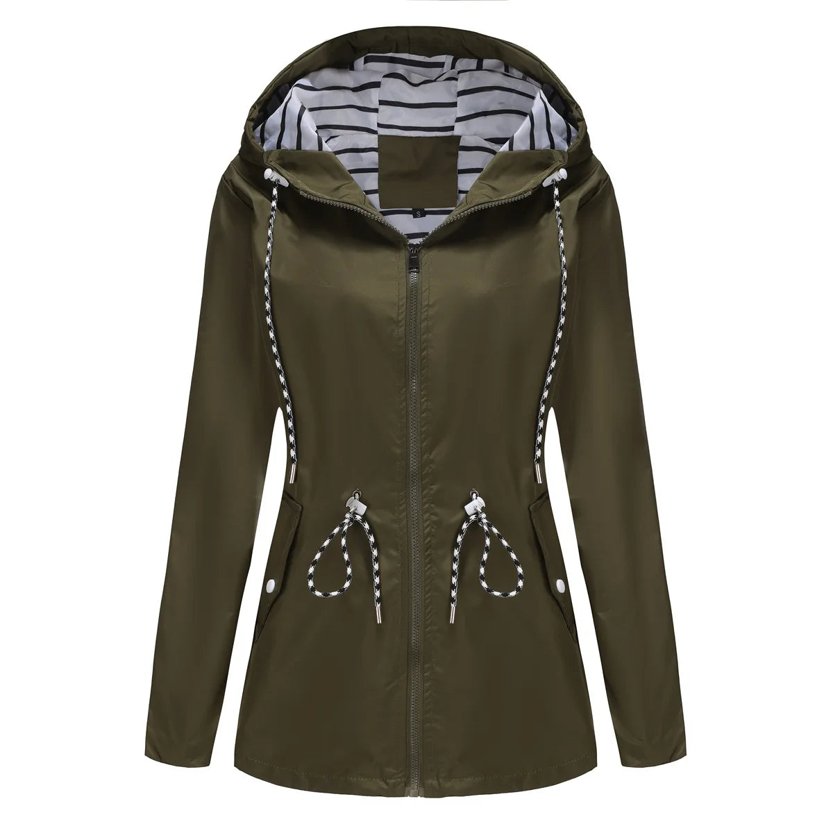 Women Outdoor Windbreaker Casual Loose Hooded Waterproof Raincoat Long Sleeve Solid Color Mid-length Zipper Hiking Jackets