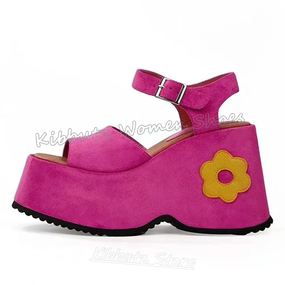 Flower Sandals Platform Buckle Strap Mixed Color Round Toe Summer Beach Fashion Luxury Elegant Concise Spicy Girls Shoes Newest