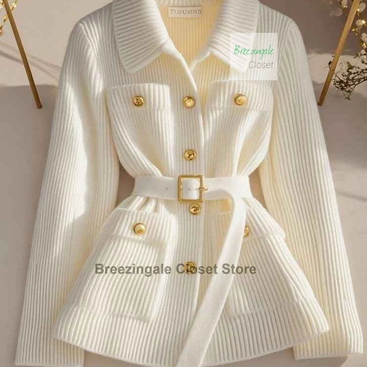 French fashion high-end white knitted cardigan top for women's spring new design, casual soft and sticky sweater jacket