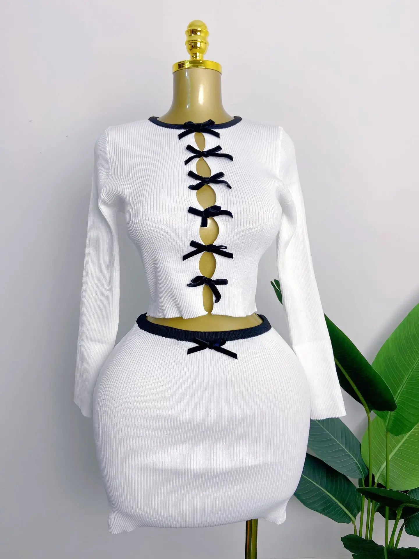 CM.YAYA Knit Ribbed Women's Set Long Sleeve Bowknot Tops and Mini Skirts 2025 Street Party Two 2 Piece Sets Outfits Tracksuits