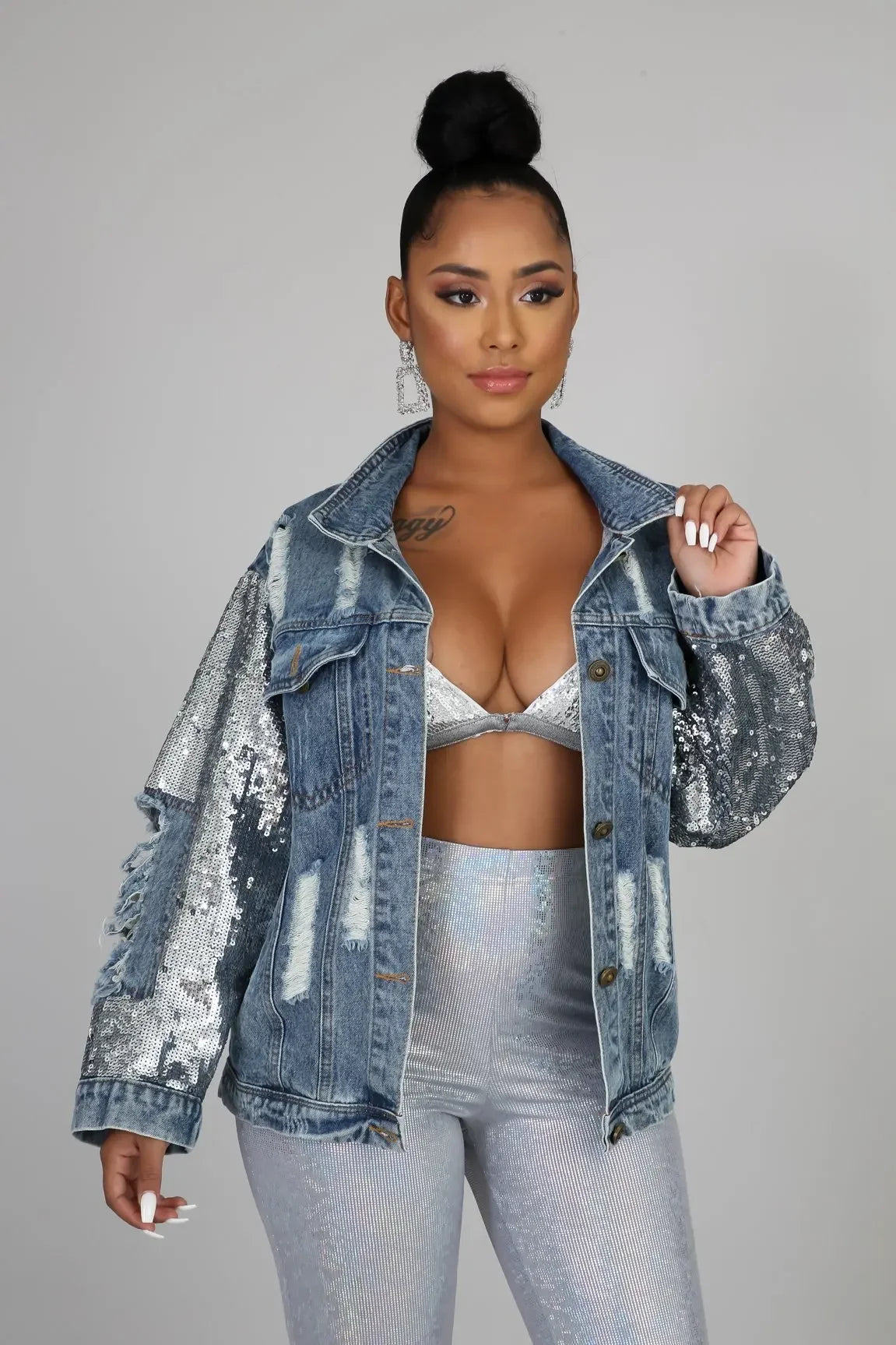 Jackets Women Denim Coat Hole Sequins Patchwork Single Breasted Turn Down Collar Y2k Vintage Streetwear 2025 Autumn Outerwear