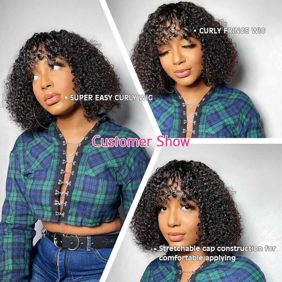 Short Bob Curly Human Hair Wigs Ombre Brazilian Remy Hair WIgs With Bangs Full Machine Made 180% Density Wigs For Black Women