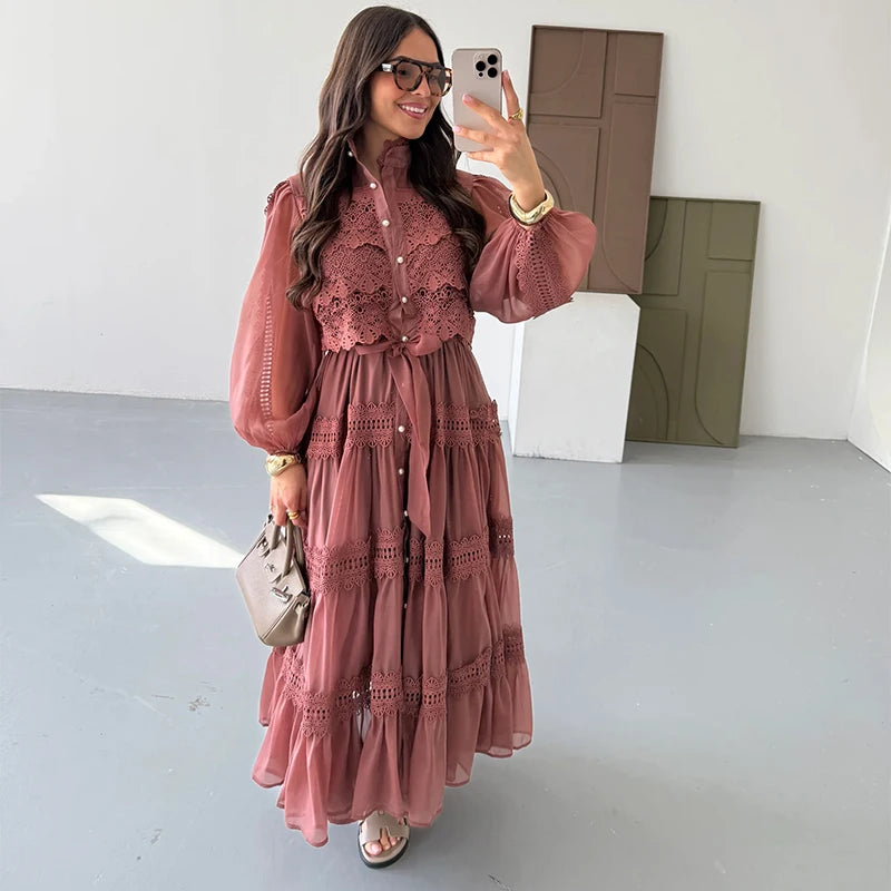 Embroidered maxi Dress Women Lapel Hollow Fashionable Short Sleeve Belt High Waist long Dresses Female Summer Chic robe