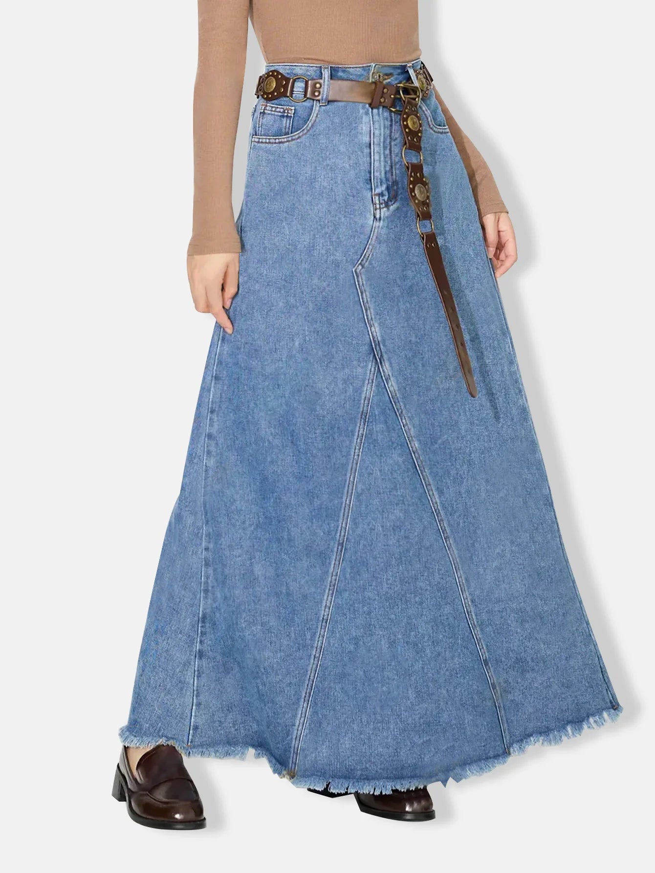 Denim Skirt Women Vintage Long Skirts High Waist Distressed Washed Button Pockets Summer Mom Jeans Y2k A Line Streetwear 2025