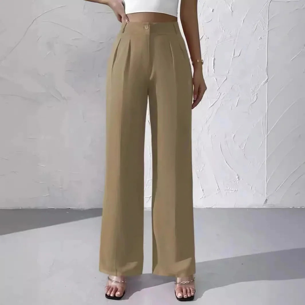 Elegant Pure Color Draped Wide Leg Suit Pants for Women High Waist Long Trousers Fashionable Business Casual Loose Fit