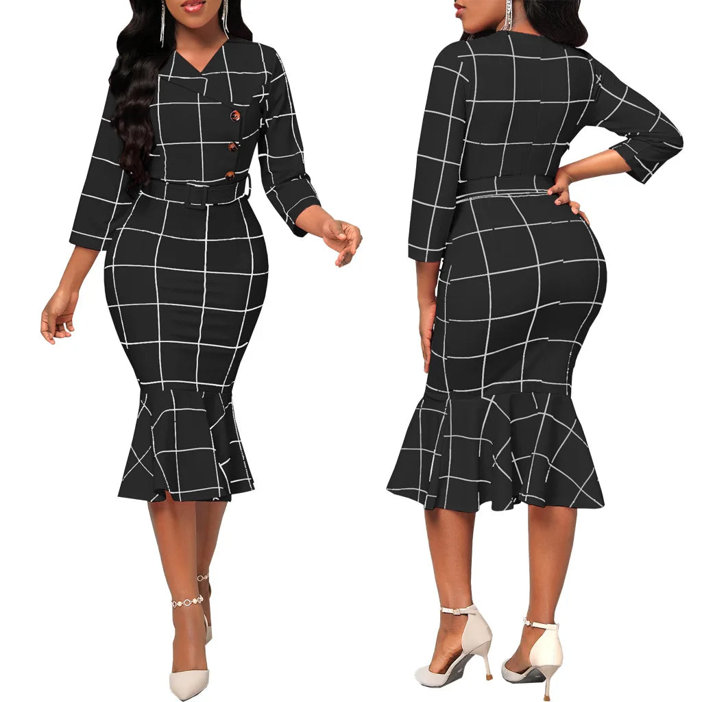 Sexy fashion solid color seven-quarter sleeve small V-neck women's dress SMR12189