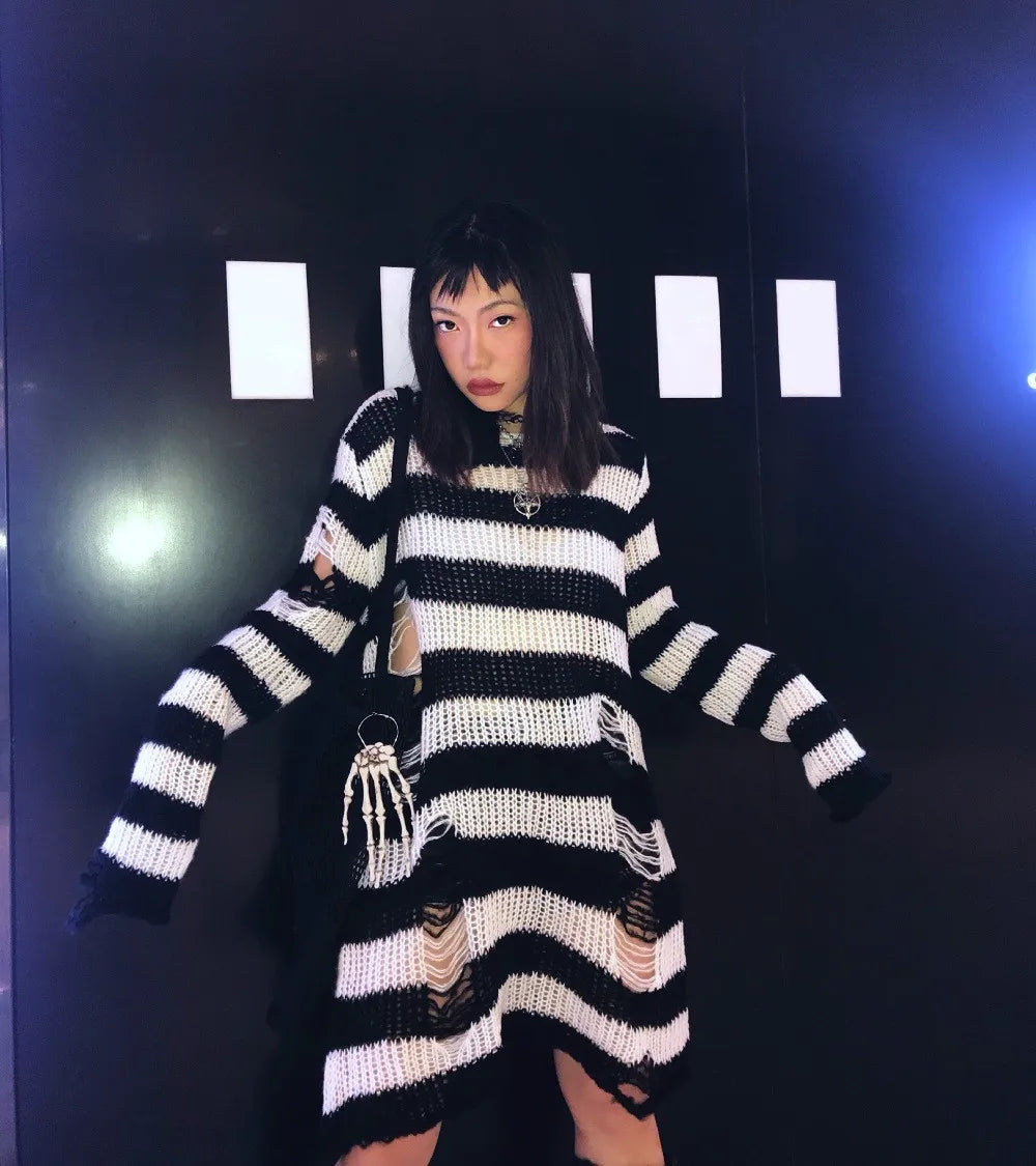 Karrram Punk Gothic Sweater Emo Tops E-girls Mall Goth Pullovers Y2k Harajuku Grunge Clothes Alt Dark Aesthetic Striped Jumpers