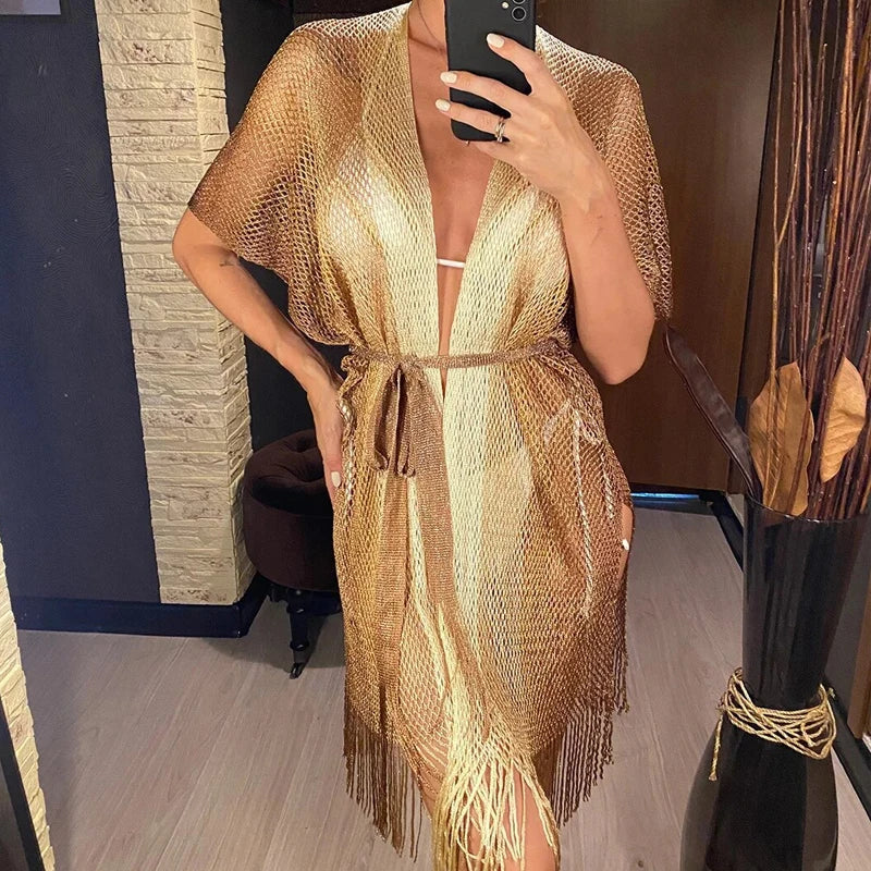 Women 2025 Tassel Style Transparent Party Robe Streetwear Short Sleeve knit Clothes Fashion Striped Colorful Belt Cardigan Dress