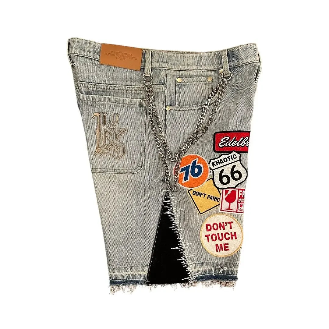American Patchwork Embroidered Denim Shorts Y2K Jeans Mens Womens Hip Hop Washed Baggy Shorts Low Waist Over The Knee Pants