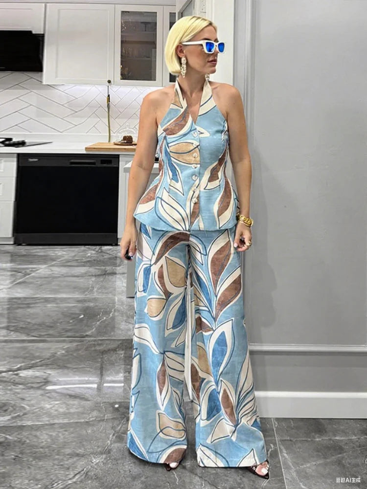 Halter Print Top Pants Set Women Backless Crop Tops Wide Leg Baggy Pants Two Pieces Set Chic Vacation Casual Women Outfit