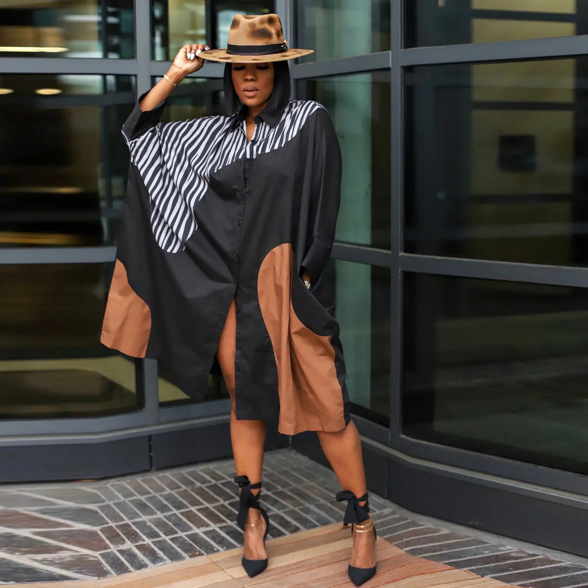 CM.YAYA Elegant Patchwork Women Long Sleeve Single Breasted Loose Shirt Dress Street Fashion Slim Striped Smock INS Dresses