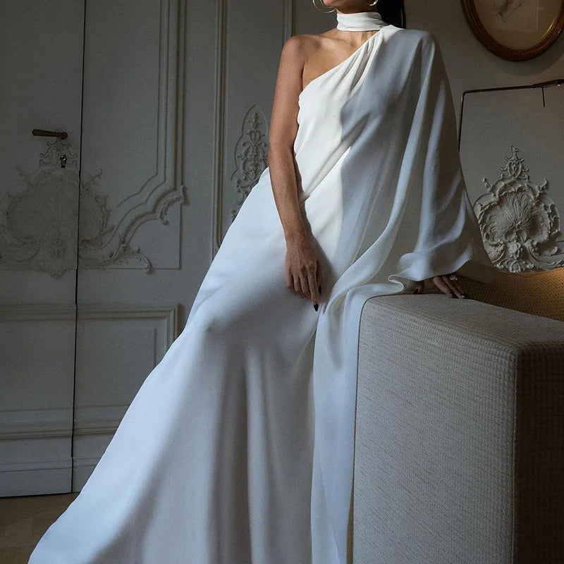 Elegant Halter One-Shoulder Loose Party Dress Lady Solid Color Temperament Banquet Maxi Dress 2023 Casual Women Fashion Vestido