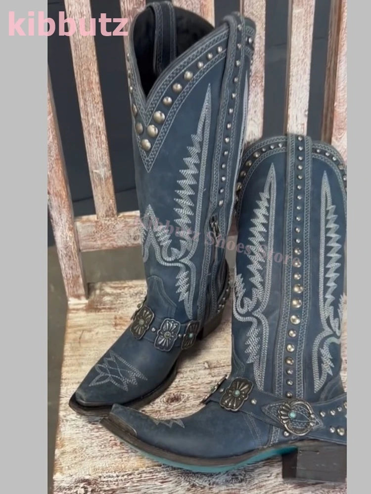 Cowboy Boots Knee High Rivet Leather Fashion Luxury Concise Elegant Sexy Pointed Toe Square Heels Side Zipper Women Shoes Newest