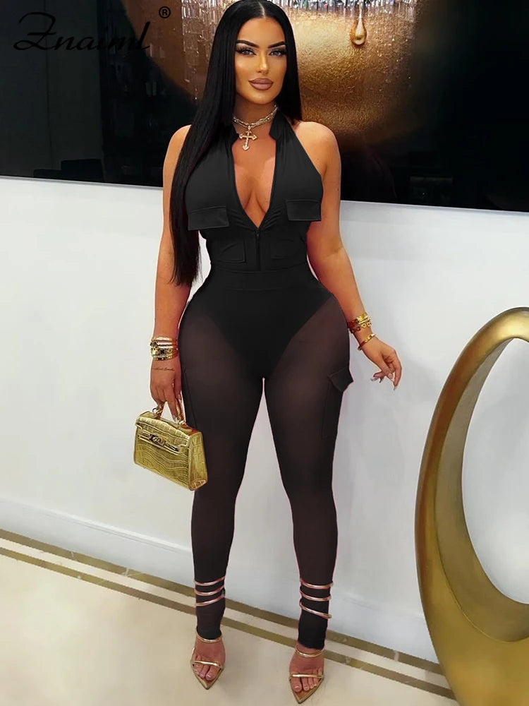Znaiml Women's Two 2 Piece Pants Sets Sexy Deep V-neck Halter Sleeveless Backless Pocket Tops and Mesh Trousers Night Club Suit