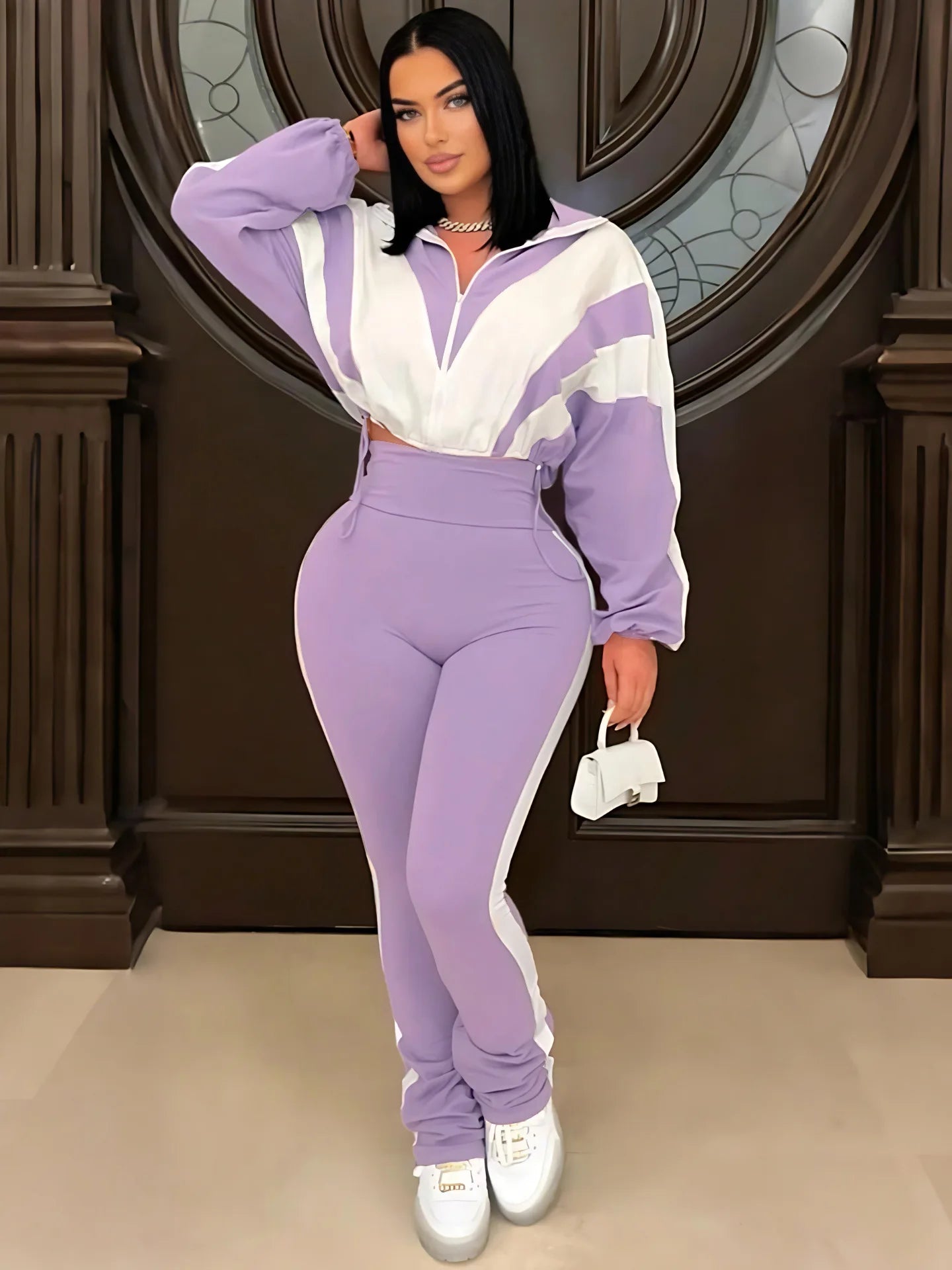 CM.YAYA Active Patchwork Women's Set Zipper Sweatshirt Jacket and Long Pants Suit 2025 Fall Two 2 Piece Sets Outfit Tracksuit