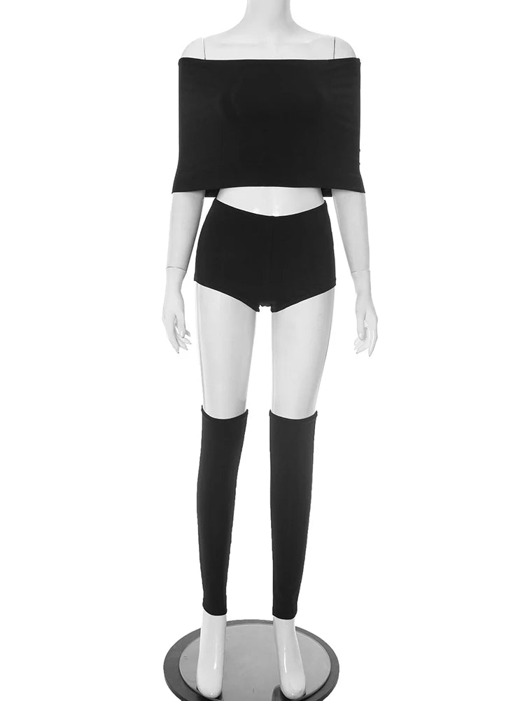 Weird Puss Summer 2 Piece Set Women Simple Trend Slash Neck Mid Sleeve Crop Tops+Shorts+Foot Cover Matching Streetwear Outfits