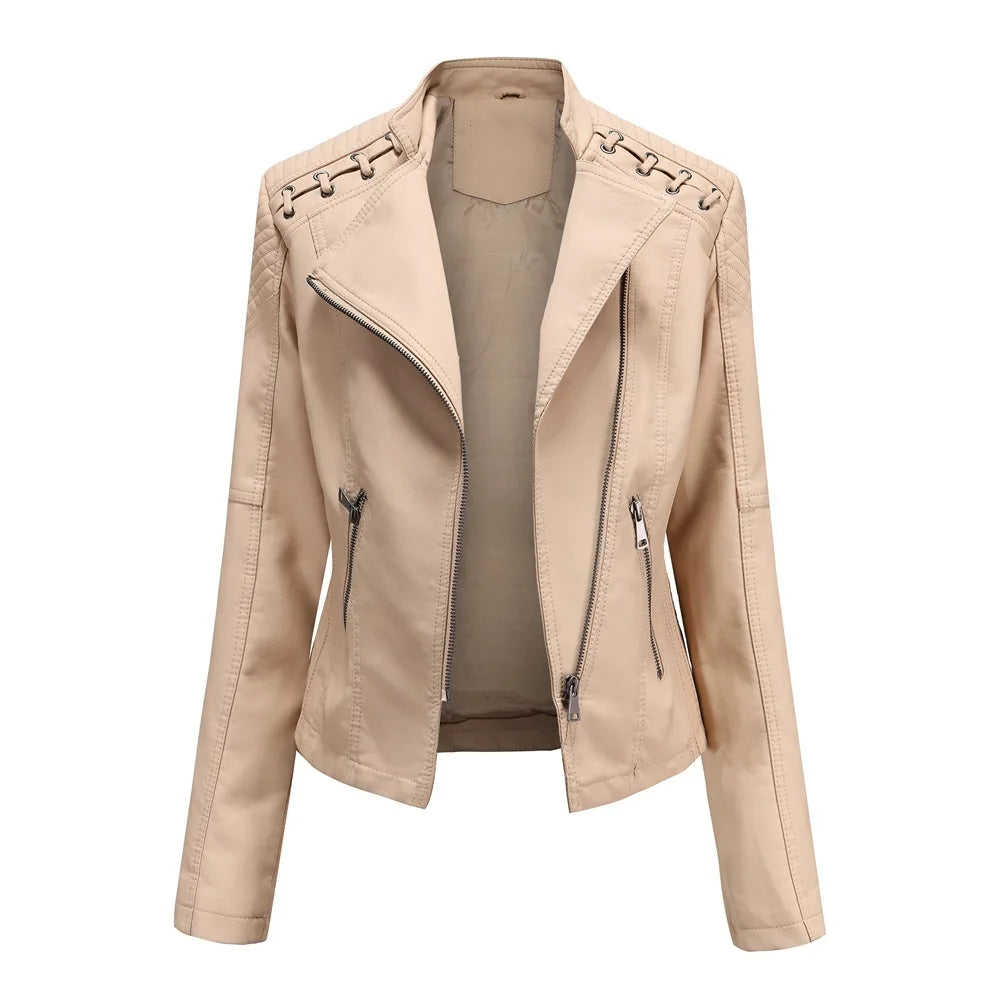 Spring Autumn Leather Jacket Women Slim Fit Motor Biker PU Leather Short Coat Stand Collar Ladies Zipper Outerwear 2024 New