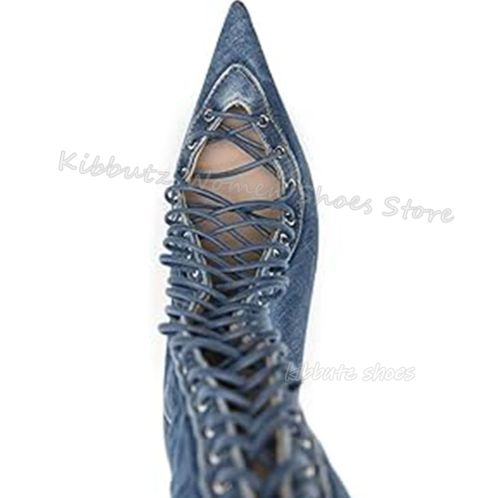 Lace-Up Hollow Knee High Boots Luxury Leather Solid Color Elegant Concise Fashion Sexy Pointed Toe Metal Thin Heels Women Shoes