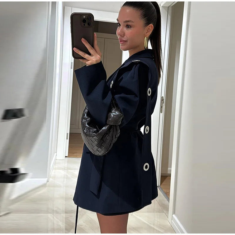 Vintage Tie Up Women 's Coats Elegant Laple Full Sleeve Pockets Hollow Out Blazer Female 2025 Autumn Winter Fashion Streetwears