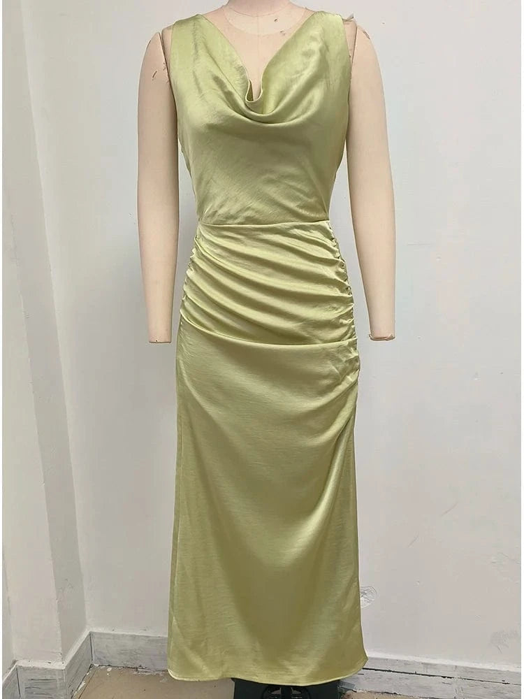 Women's Elegant Slip Sleeveless Cowl Neck Ruched Midi Dress Light Green Satin Material with Side Slit for Luxury Evening Party