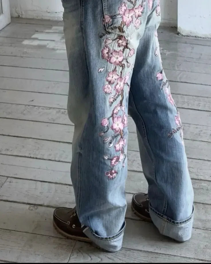 Vintage American Sakura Embroidery Graphic Jeans Women Y2K Harajuku Hip Hop Casual Baggy Pants Wide Trousers Gothic Streetwear