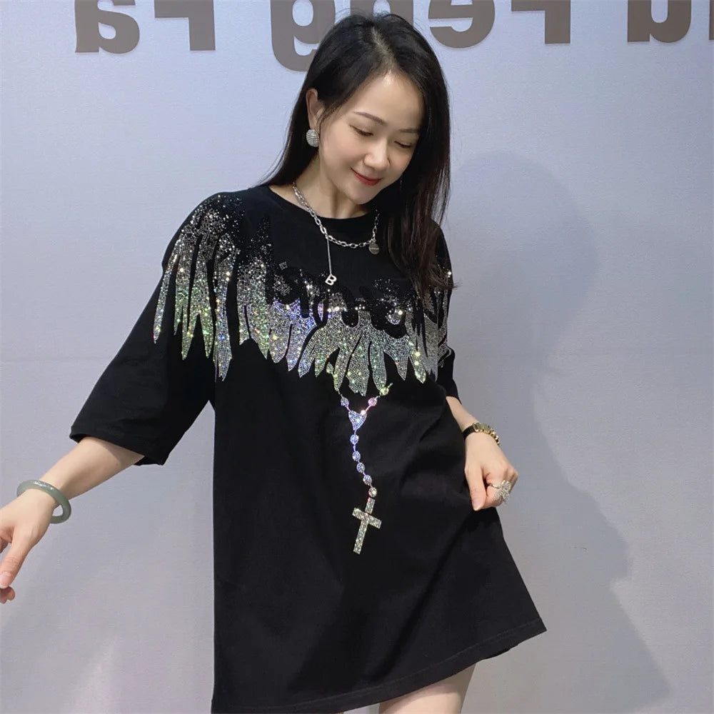 Streetwear New Spring Summer Women Short Sleeve T-shirt Hot Diamonds Wings Mid-long Oversize Pullover Trendy Couple Cotton Tees