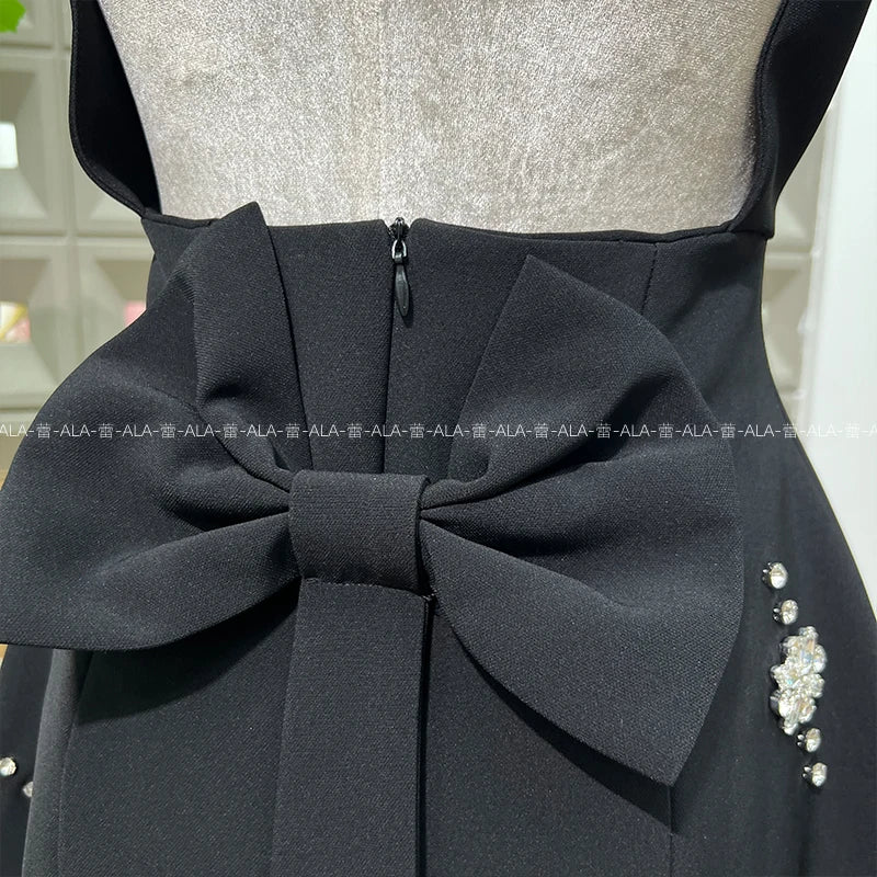 High-end Light Luxury Party Dress 2025 Summer Clothes New Heavy Industry Diamond Square Collar Waist Halter Bow Short Dress