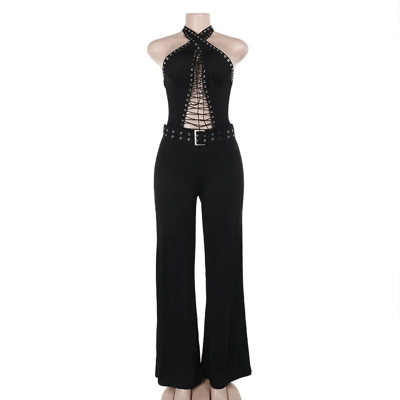 Sexy Halter Backless Black Jumpsuit Woman Elegant Sleeveless Lace-up Hollow Out Bandage One Pieces Romper Night Club Outfit