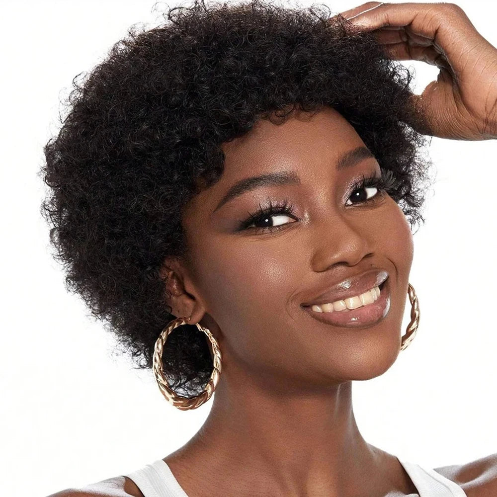 Afro Kinky Curly Pixie Cut Bangs Wig Natural Black Human Hair Short Wig Full Machine Made Wig Natural Looking Replacement Wig