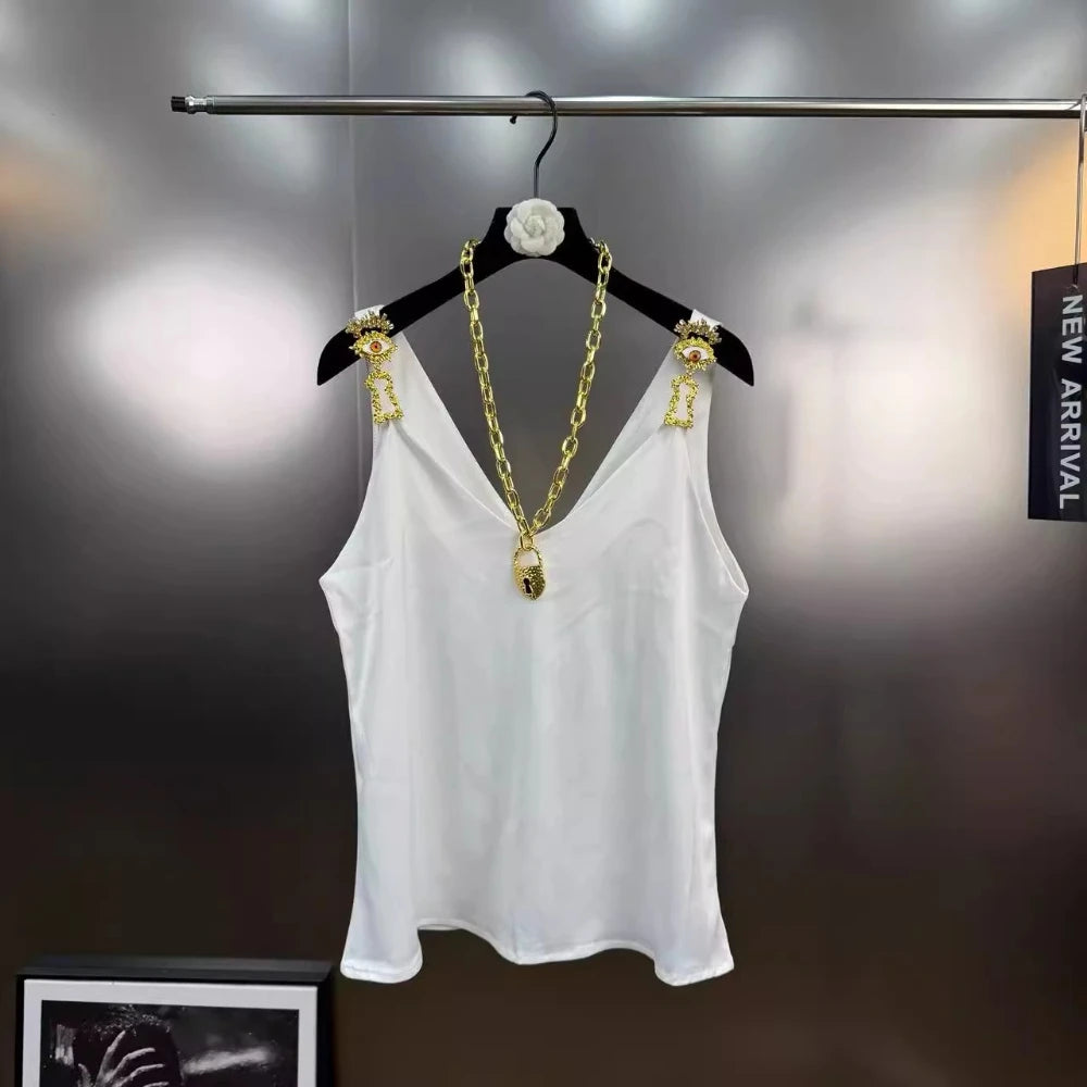 VGH Solid Color Spliced Metal Chain Basics Vest for Women V Neck Sleeveless American Streerwear Tank Tops Female Fashion Style