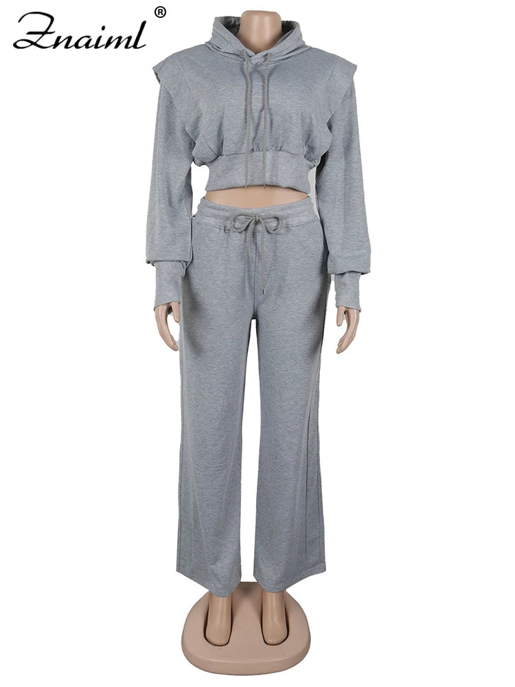 Znaiml Gray Outfit Women Sport Two 2 Piece Winter Sweatshirt Hoodies Tops and Wide Leg Pants Tracksuit Streetwear Sportsuit 2025