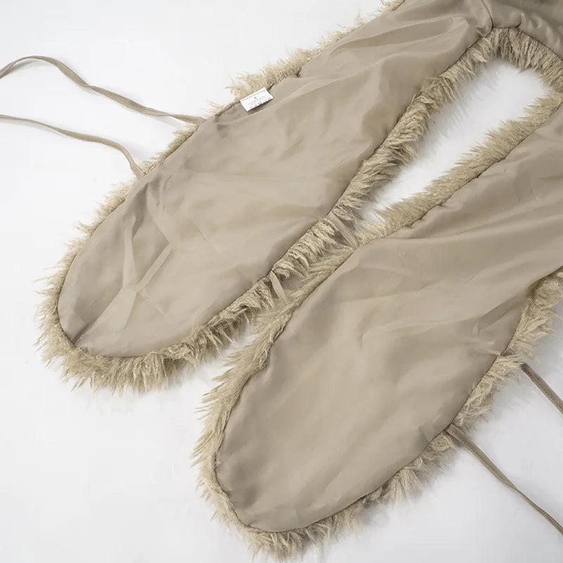 FAGADOER Sexy Fur Patchwork Woman 2 Piece Set Outfit Deep V Backless Lace Up Crop Top + Leopard Print Pants Female Streetwear