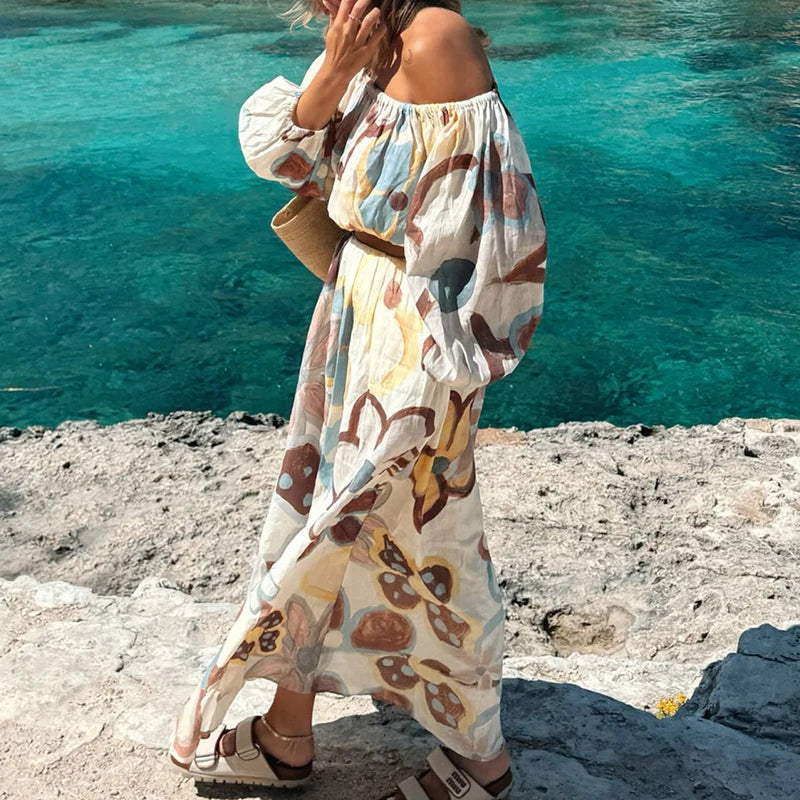 Fashion Crop Loose Women's Outfits Flower Print Off Shoulder Holiday Suit Casual Lantern Sleeve Top with Long Skirt Summer Sets