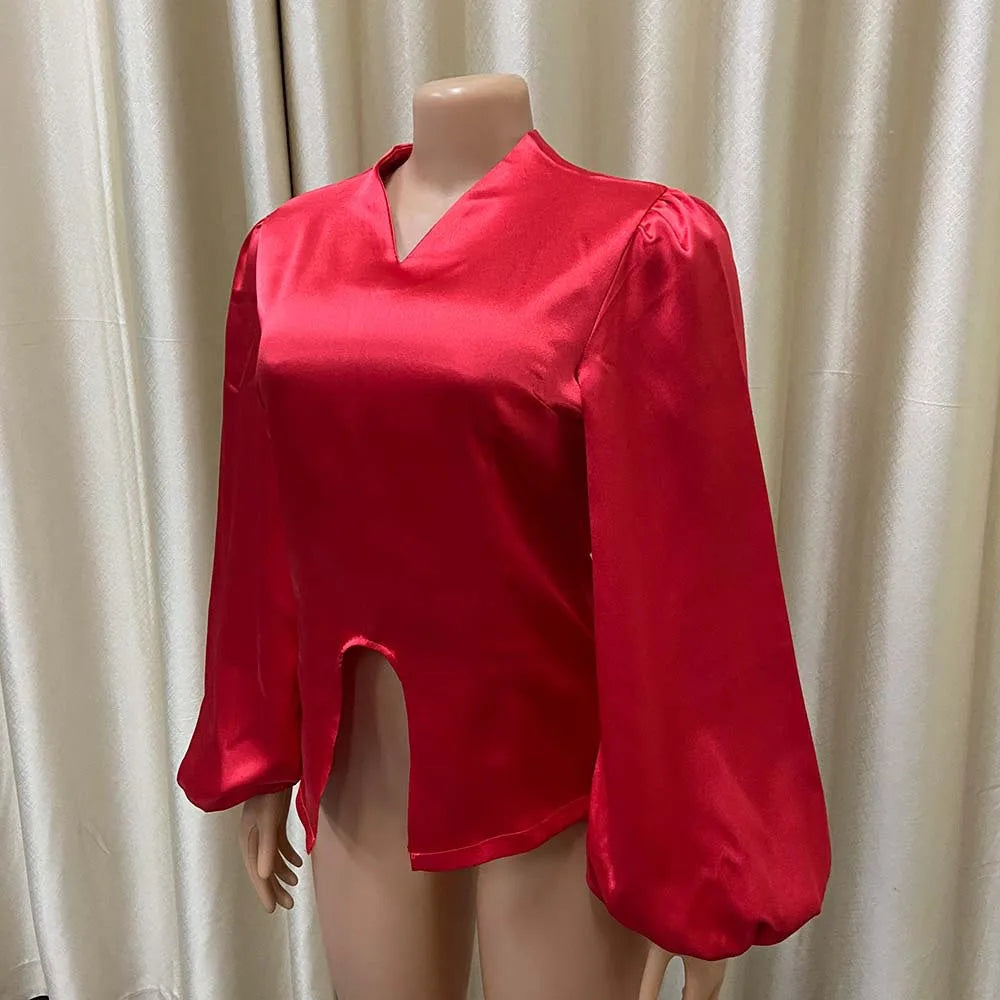 Office Blouse for Women Elegant Stylish V Neck Full Sleeve Front Split Solid Satin Luxury African Party Dinner Occasion Shirts