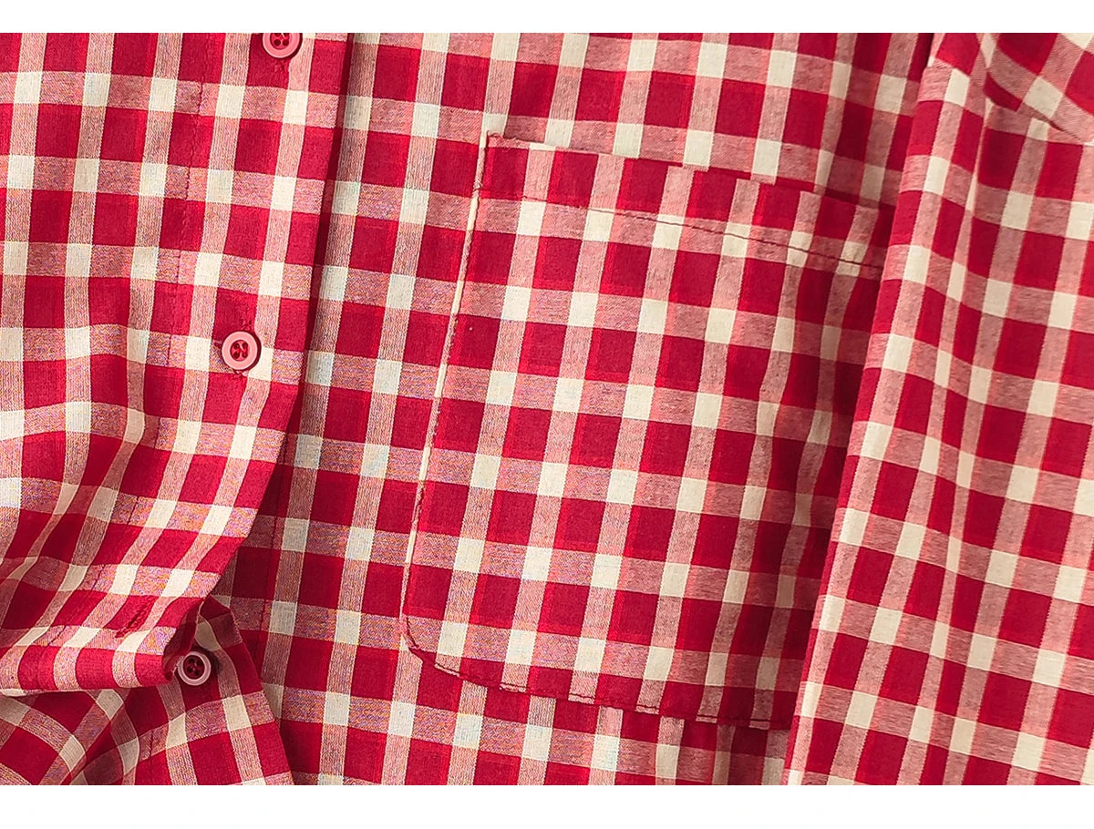 2025 Y2k Autumn Women New Vintage Red Plaid Turn-down Collar Over-shirt Long Sleeve Streetwear Loose Patchwork Harajuku Blouses