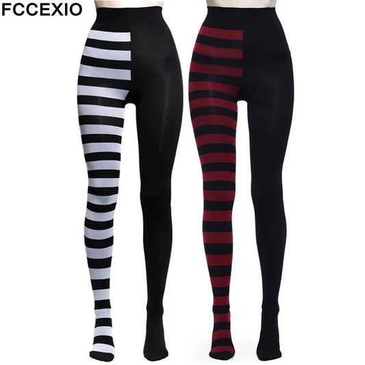 FCCEXIO New Striped Yoga Legging Women Print Goth Style Long Tights Casual Punk Ladies Sport High Waist Workout Elastic Leggings