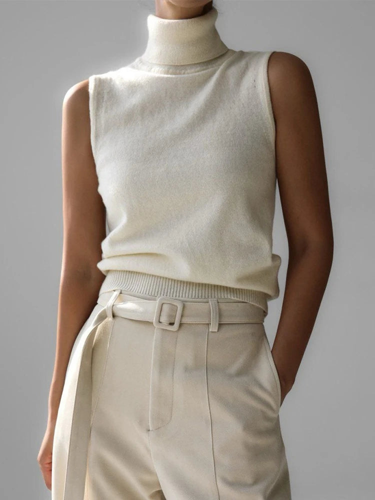 Slim Fit Knit Sleeveless Turtleneck Tank Top for Women